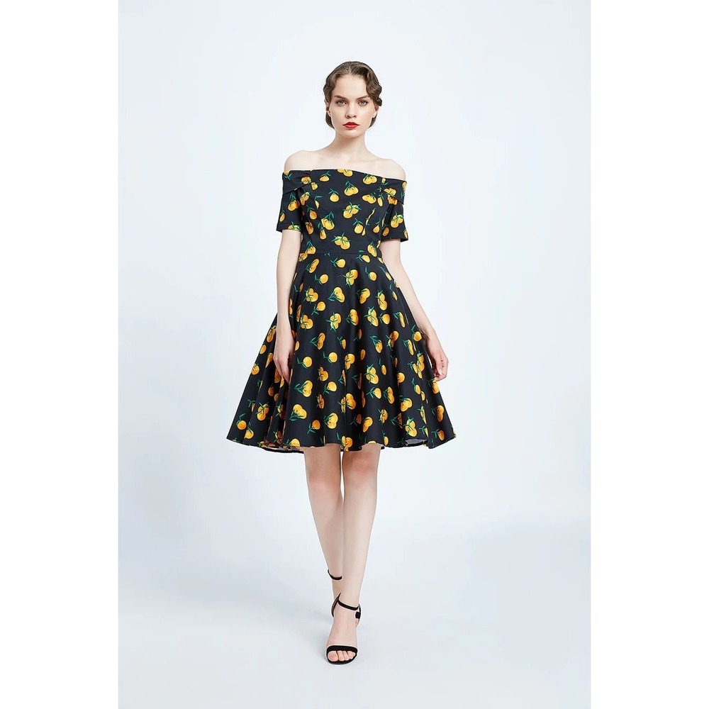 Miss Lulo Kim fit & flare dress Mandarin Orange print off shoulder pinup vixen M